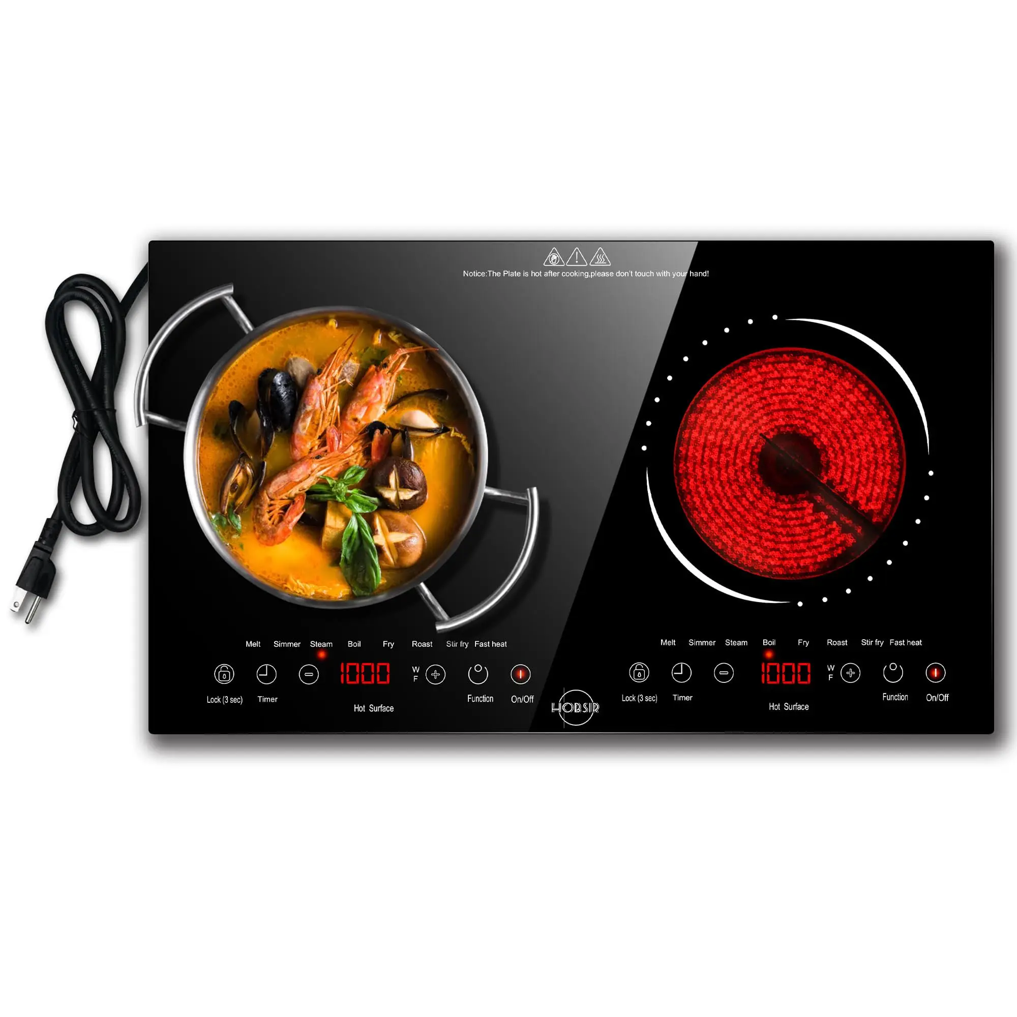 Hobsir hob 2 Burner 24 Inch Countertop and Built-in Electric Stove Top with Plug 110v，LED Touch Screen，Safety Lock，2000W，Timer