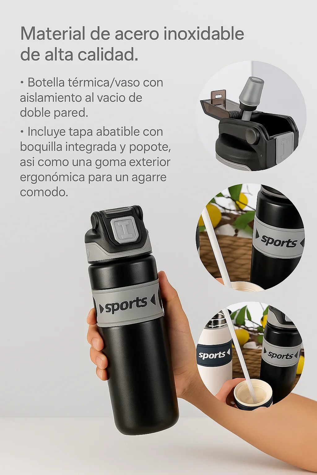 ترمس/بهلوان من الفولاذ المقاوم للصدأ، Kta-75. كوب حراري بمقبض وقش، كوب بغطاء معزول، ترمس محمول، مع مقبض، قش مطاطي وبلاستيك، سعة 600 مل، مثالي لنمط حياة اللياقة البدنية #4