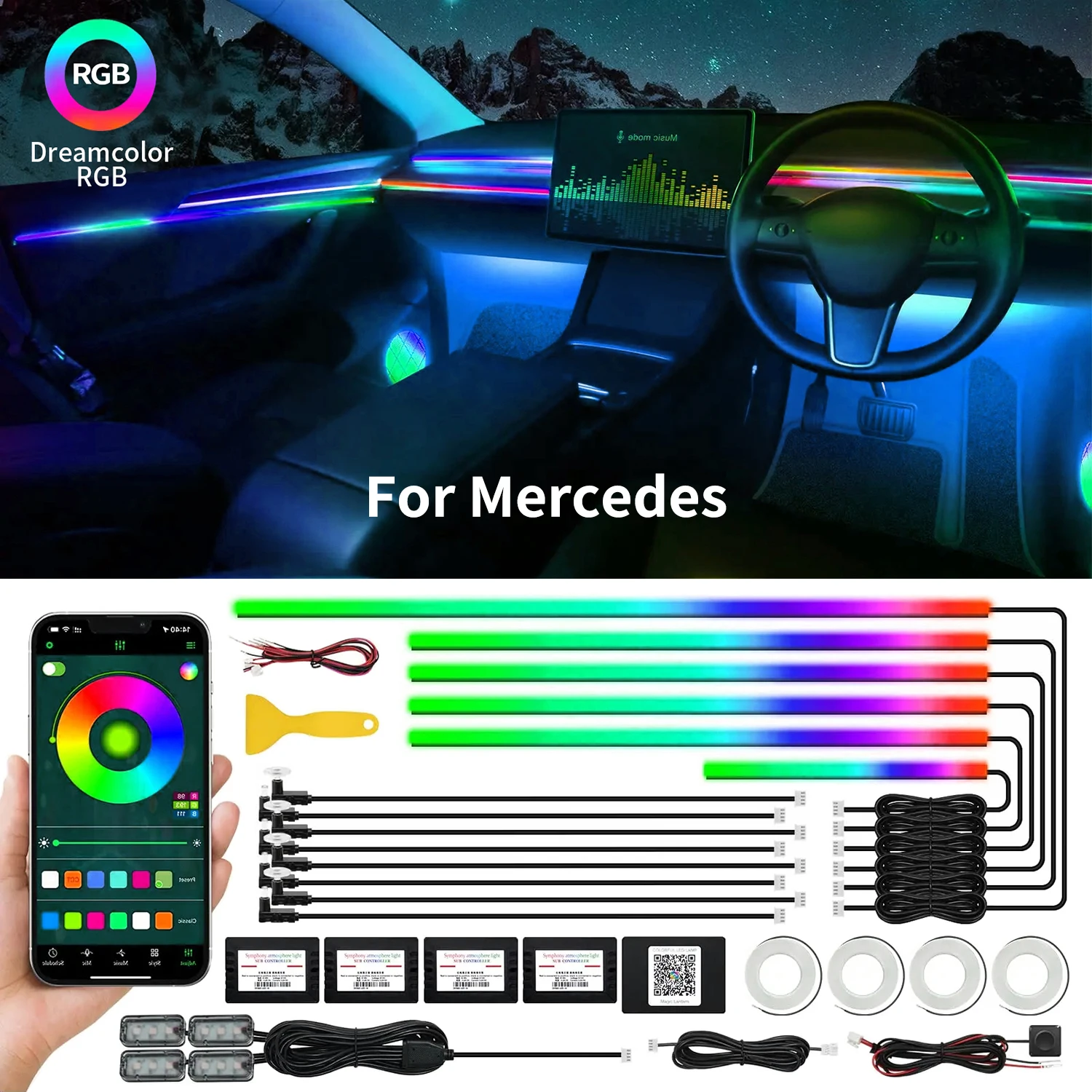 For Benz 22 In 1 Full 64 Colors Streamer Car Ambient LED Interior Lights Hidden Acrylic Strip Symphony Atmosphere Lamp