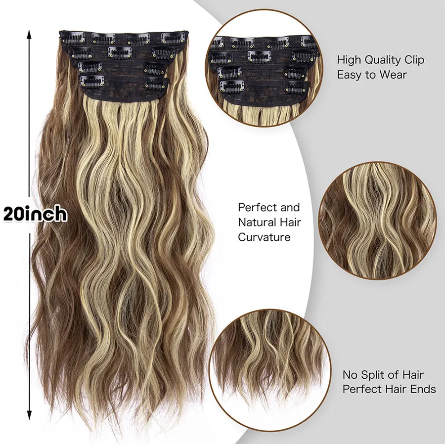 Extensions de cheveux synthétiques longs ondulés à clipser pour femmes, résistant à la chaleur, noir, marron, surbrillance, 4 pièces par ensemble