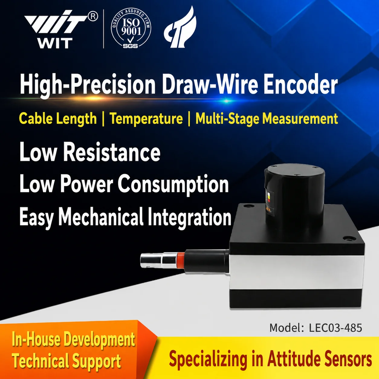 Wit Motion WT-LEC03 High Precision Draw-Wire Displacement Sensor - 0.001° Resolution Absolute Encoder for Linear Position Measur