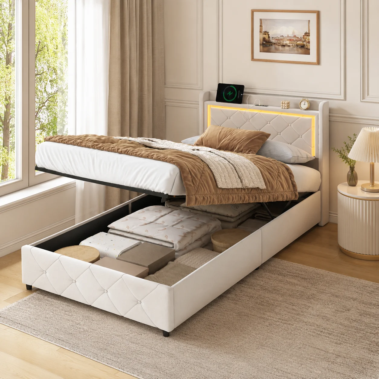 Beige Upholstered Ottoman Bed Frame with Storage