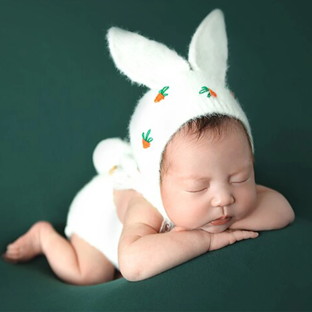 Newborn Photography Props Knitted Wool Baby Girl Boy Outfit Romper Jumpsuit Rabbit Ear Hat Photoshooting Clothing