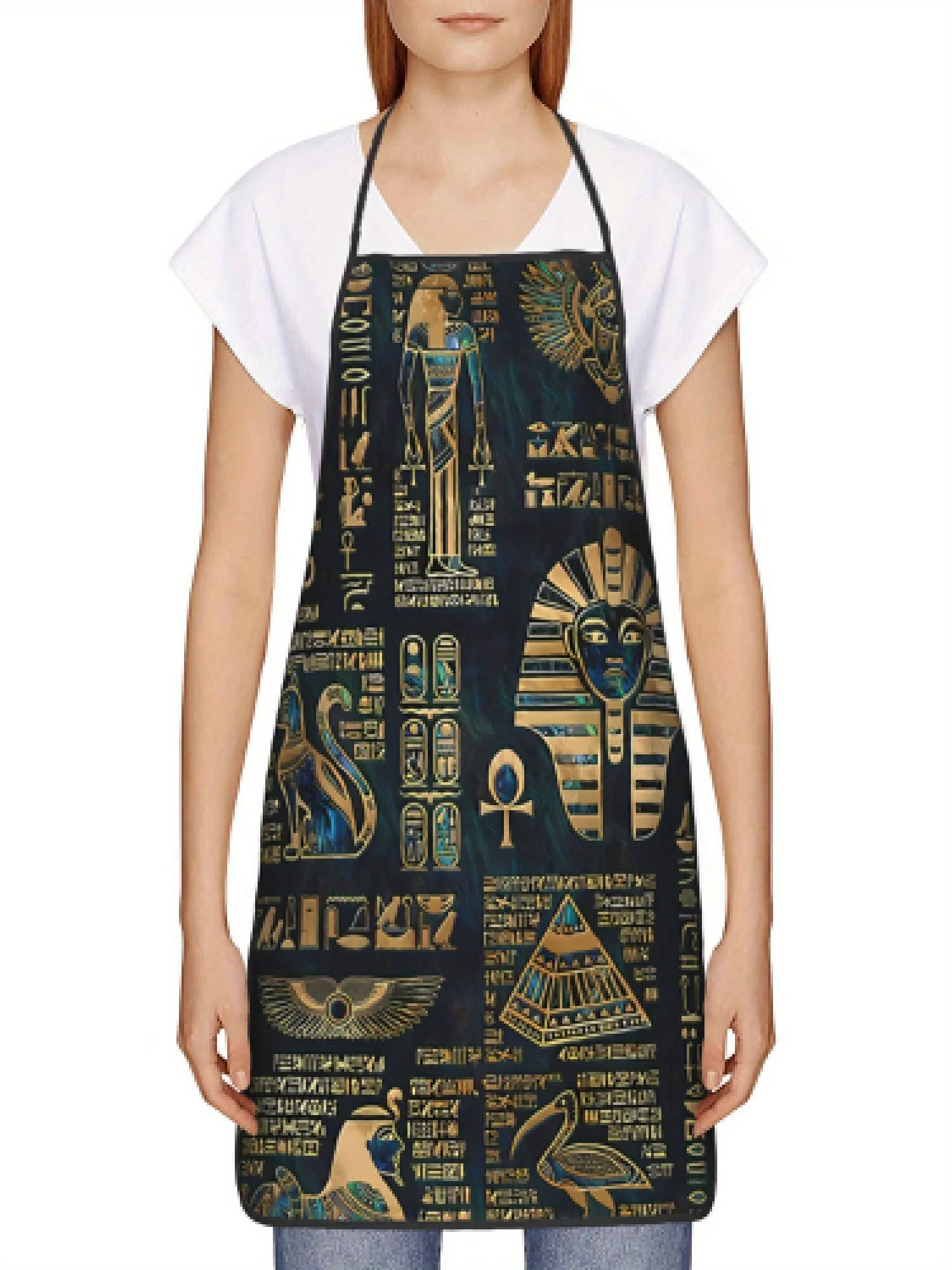 1 Piece Ancient Egyptian Pharaoh and Sacred Cat Apron with Hieroglyphs and Pyramid Retro Design, Unisex, Suitable for Crafts, Baking, Painting, Kitchen and Household Cleaning, Home Cooking, Chef, Waiter, Cafe, Barbecue Restaurant Apron, 21.7× 28.7inch , Perfect Holiday Gift for Family and Friends