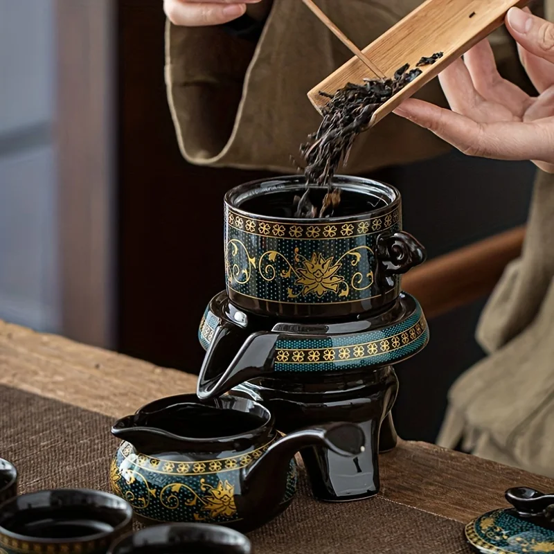 Creative Kungfu Tea Set with Stone Mill and Rotating Graphite Fortune Turn Perfect Gift Box Included