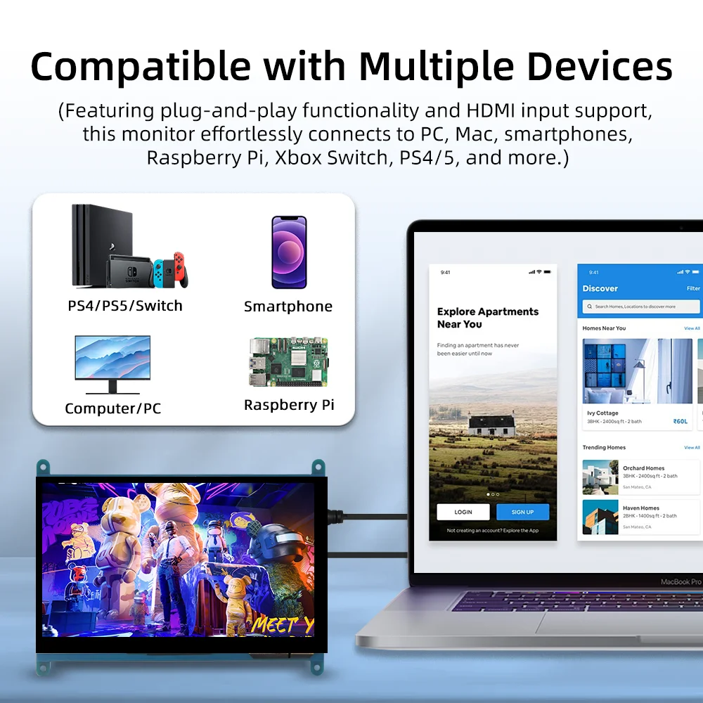 IPistBit 800x480 5-punktowy ekran dotykowy DSI bez sterownika 4.3/5/7 Cal IPS Monitor dla Raspberry Pi 5/4B/3B +/3B/3A +/2B/B +