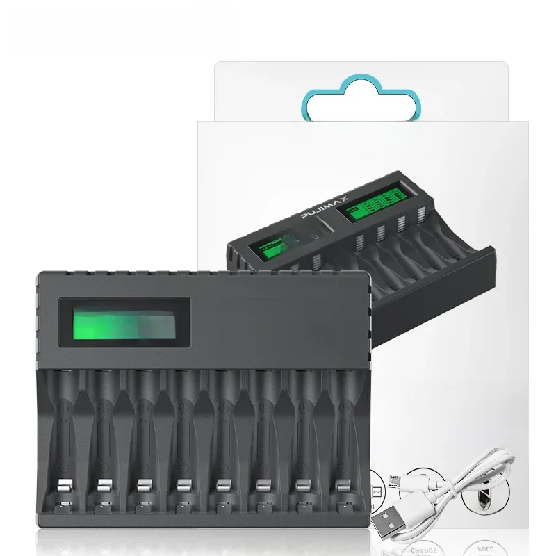 PUJIMAX 8-Slot-Akkuladegerät, geeignet für wiederaufladbare AAA/AA-Batterien, Kurzschlussschutz, LED-Anzeige, Ni-MH/Ni-Cd-USB-Ladegerät