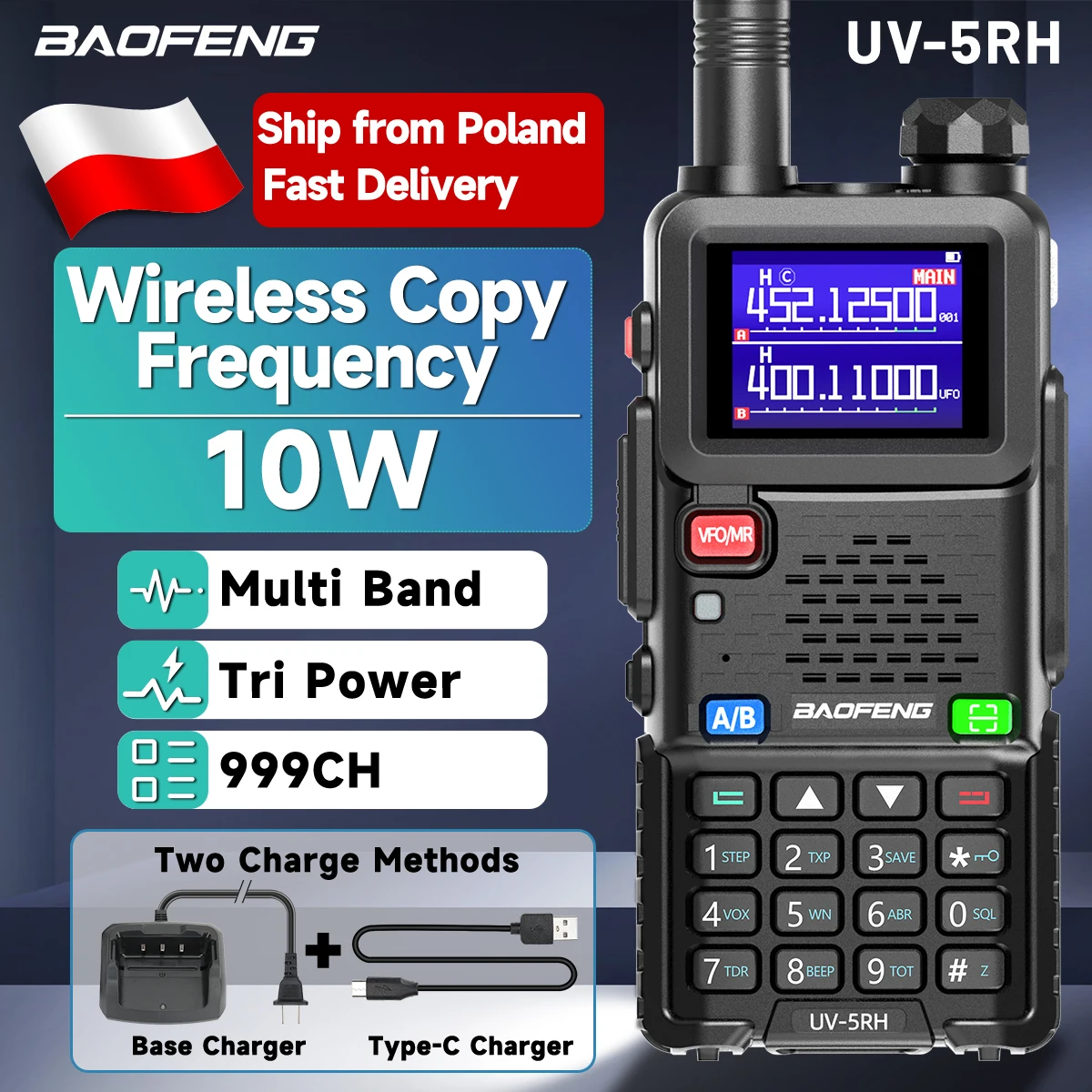 Radiotelefon Baofeng UV 5RH z odbiorem pasma lotniczego, bezprzewodowym kopiowaniem częstotliwości, wielopasmowy, VOX, FM, z portem Type-C, przenośny, dalekiego zasięgu, dwukierunkowy radiotelefon