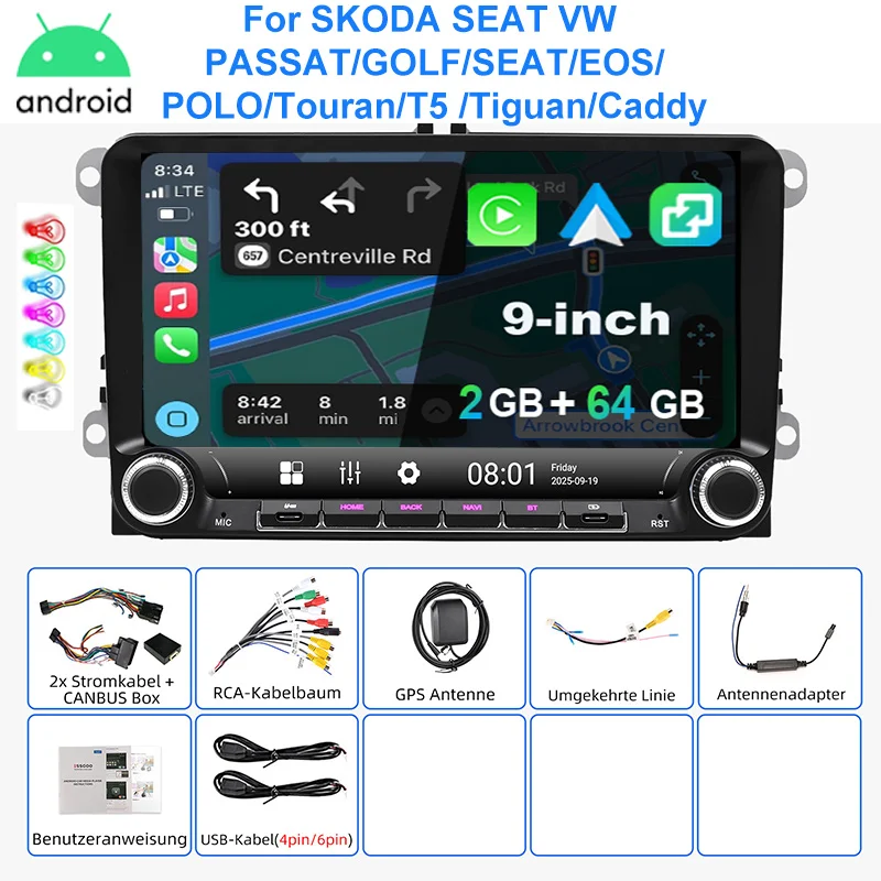 ESSGOO Autoradio Android15 9" 4+64 GB voor VW Golf 5 6 Plus Touran Caddy Jetta Passat Polo GPS Navigatie Bluetooth RDS FM WiFi Draadloze CarPlay Android Auto 2+32 GB Stuurwielbediening Aanraakscherm - afbeelding 1