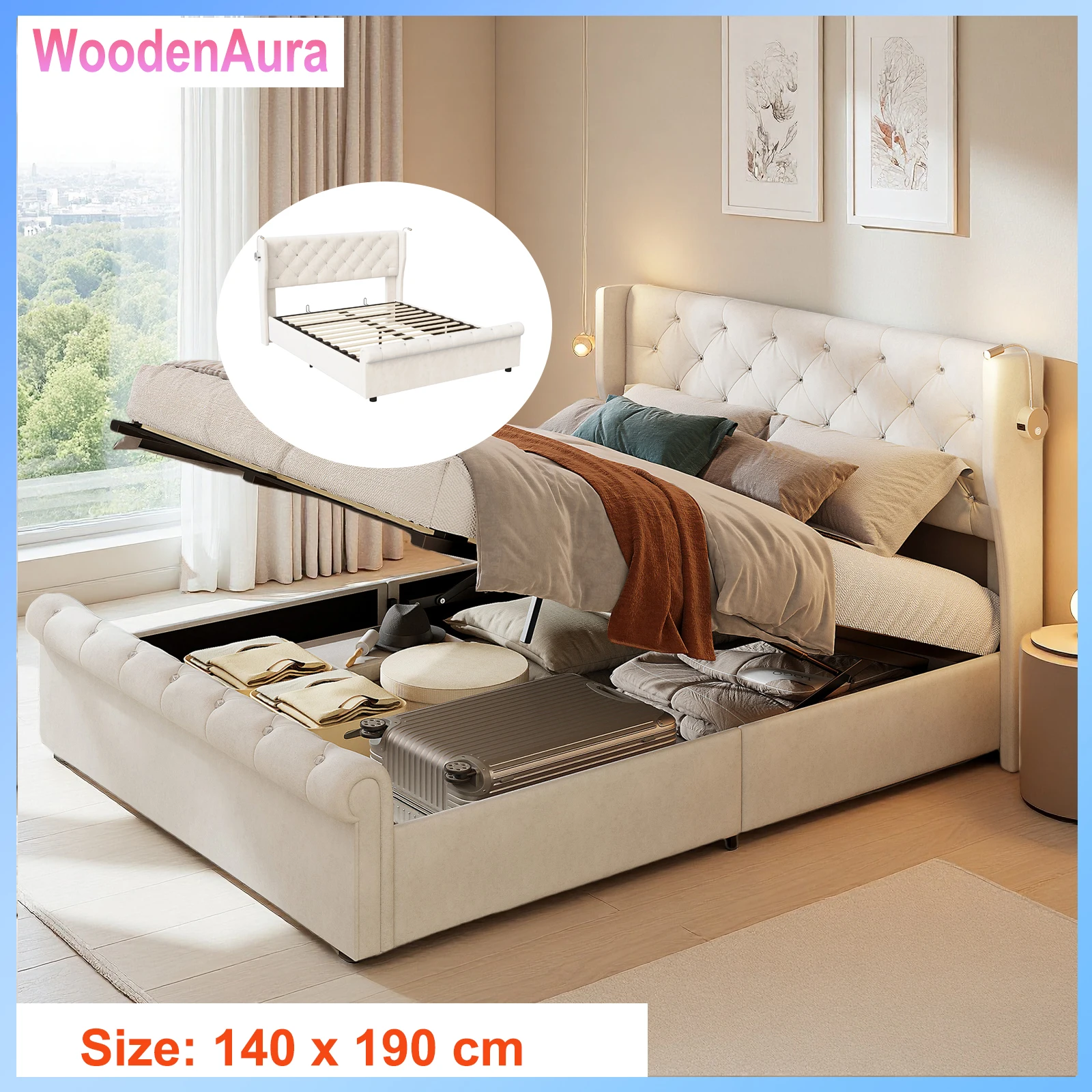 Lit 140x190 cm avec sommier à lattes, bande lumineuse LED et fonction rangement, lit double, lit coffre, velours, beige.