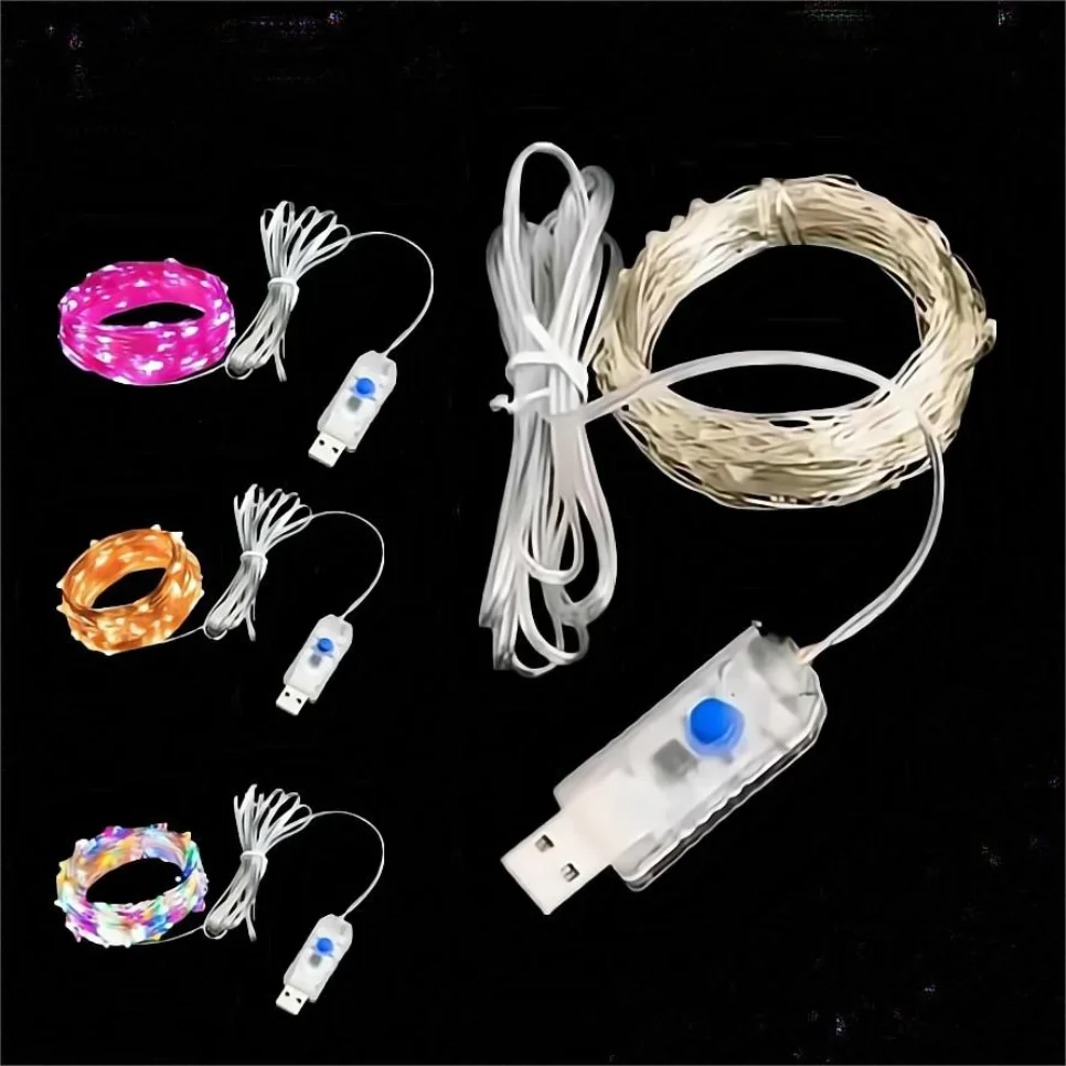 Led ligne argentée fée lumières USB alimenté LED chaîne lumières vacances lampe extérieure guirlande Luces pour fête de noël décor de mariage