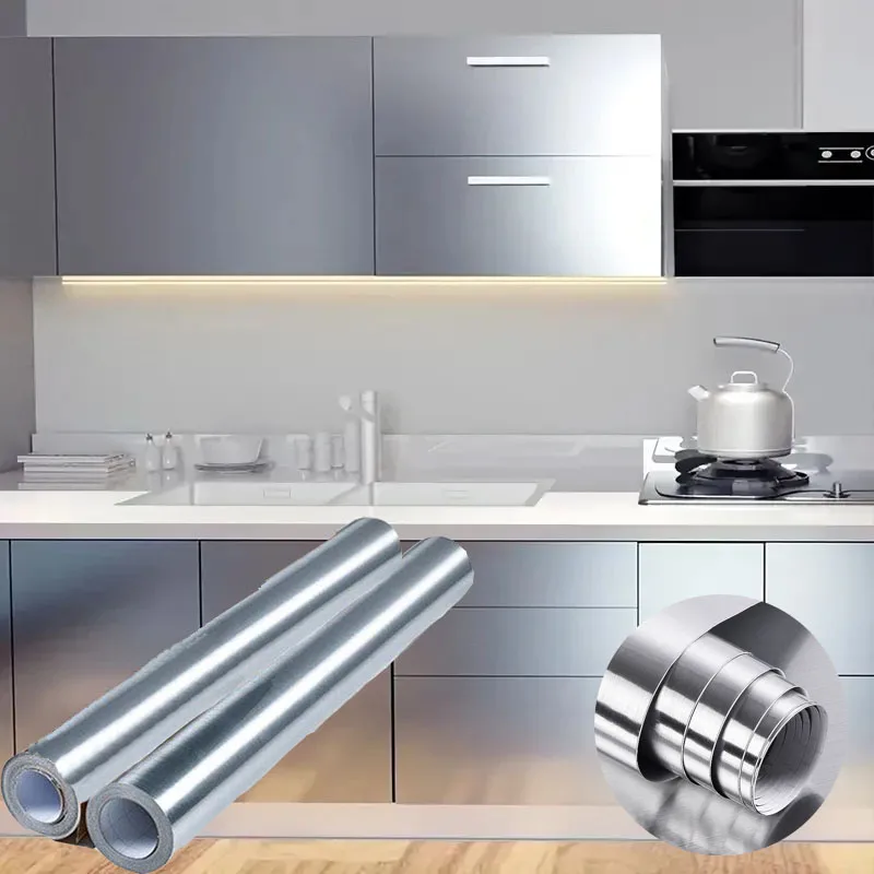 40cm fireproof and waterproof brushed silver wallpaper, modern refrigerator, living room, kitchen countertop, self-adhesive