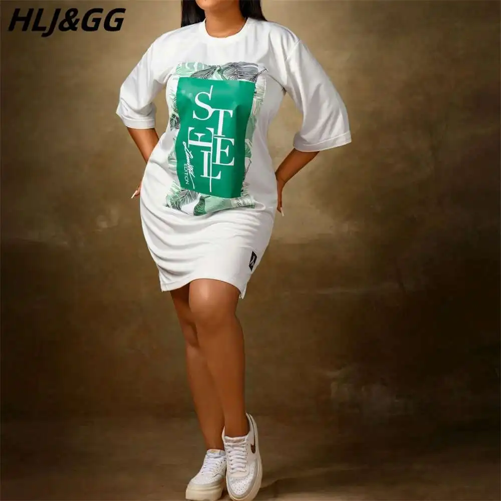 HLJ&GG Casual Letter Printing Tshirt Dress Women Round Neck Short Sleeve Straight Knee Dresses White Female Home Vestidos 2023