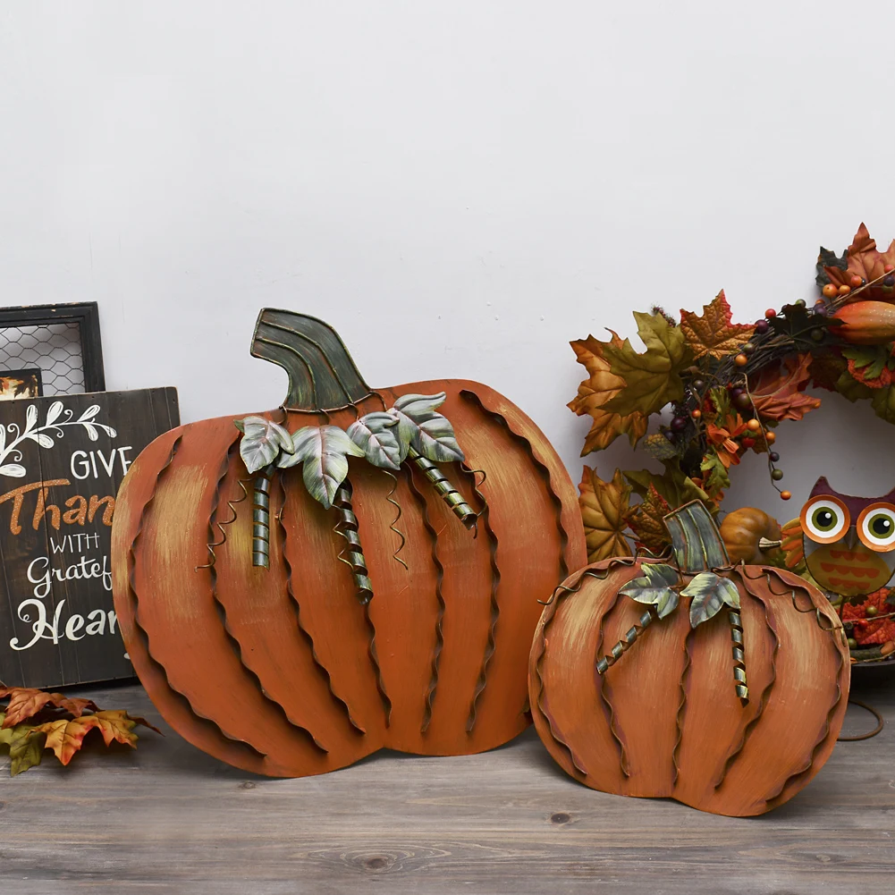 18 Inch & 12 Inch Height Metal Fall Pumpkin Decor Set, Indoor Outdoor Standing Flat Pumpkin Decoration for Autumn Halloween