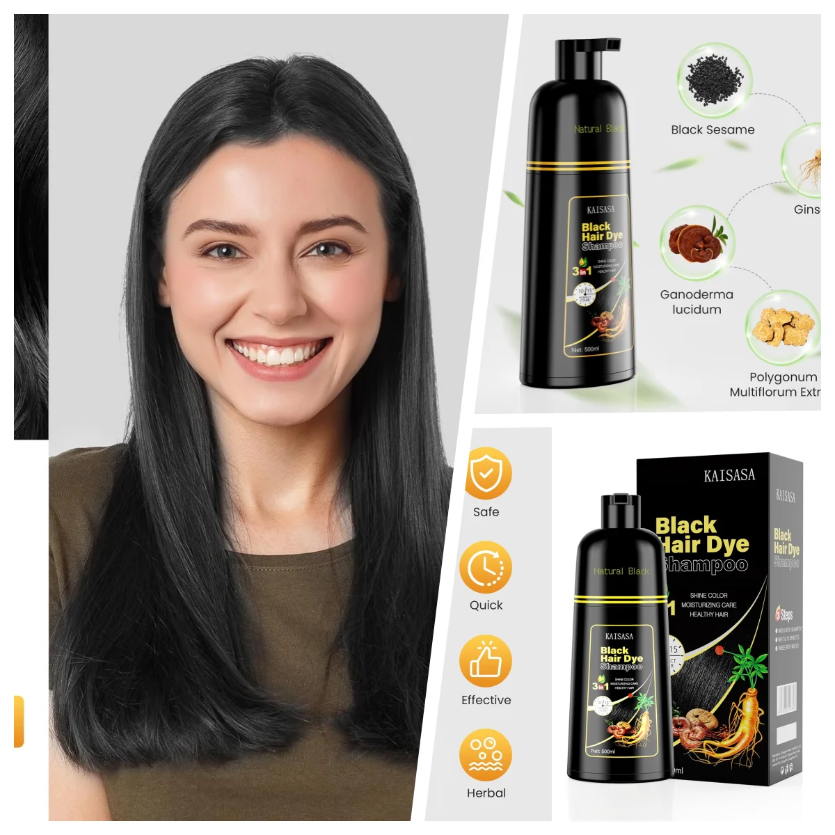 

2pcs 3-in-1 Hair Color Shampoo, Natural Herbal Black Dye Shampoo for Gray Hair Coverage, Men Women 100ml