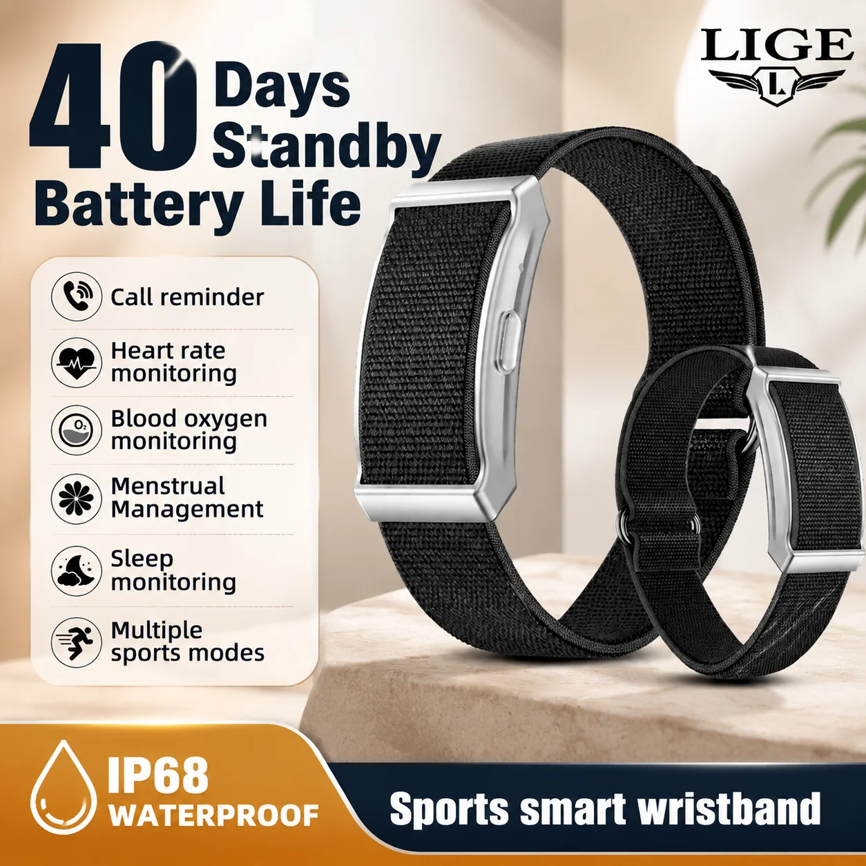 LIGE Smart Bracelet Sleep Monitoring Multi-Sports Modes 145mAh Battery IP68 Waterproof Multifunctional smartwatch for women 2026