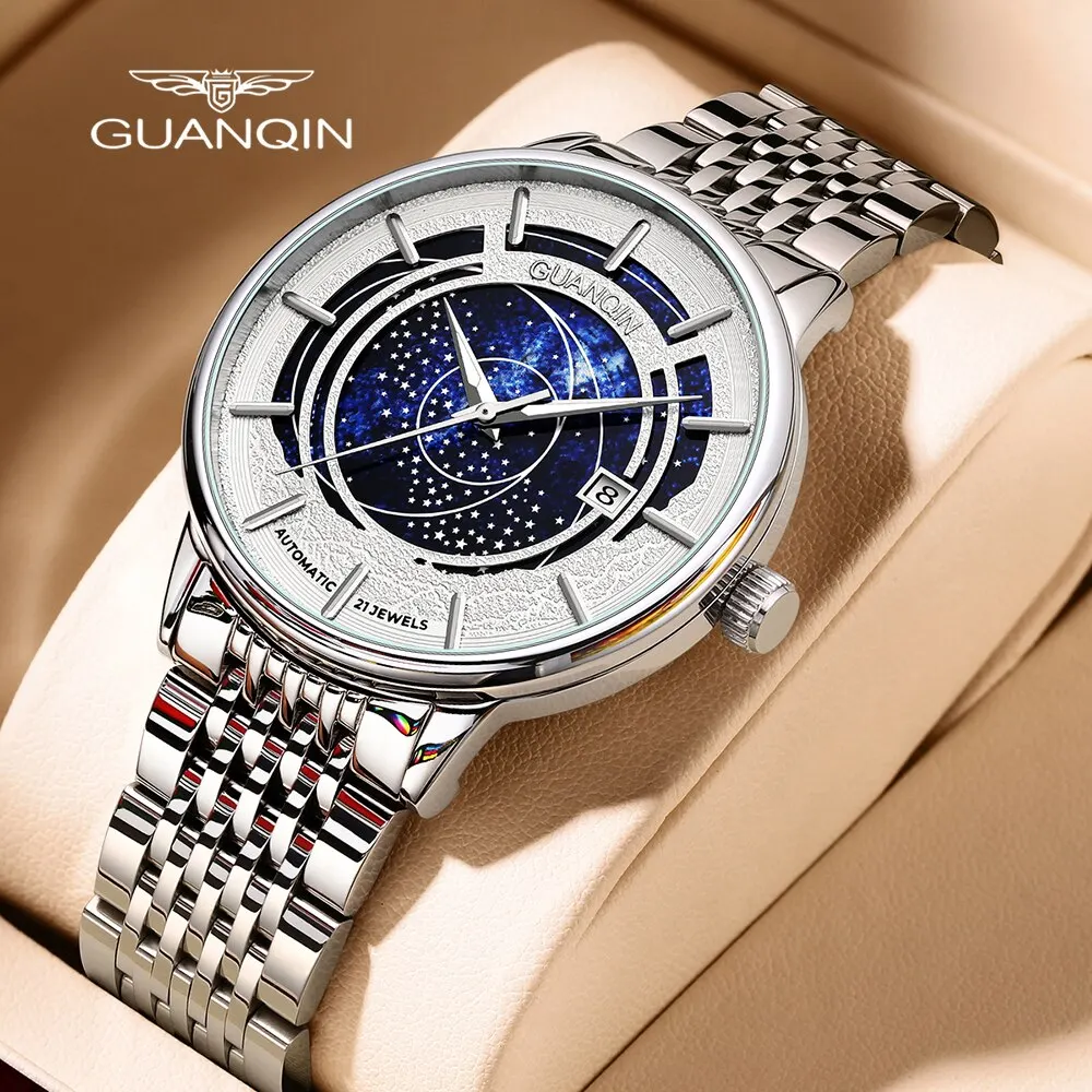 

GUANQIN Mens Steel Automatic Wristwatch Stars Dial 21 Jewels Mechanical Hour Male Fashion Clock Luminous Waterproof Coated Glass