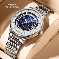 GUANQIN Mens Steel Automatic Wristwatch Stars Dial 21 Jewels Mechanical Hour Male Fashion Clock Luminous Waterproof Coated Glass