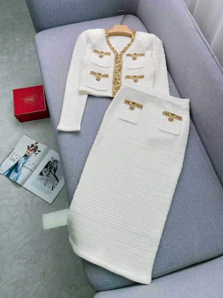 Knit cardigan skirt set Pinterest pin cozy office wear