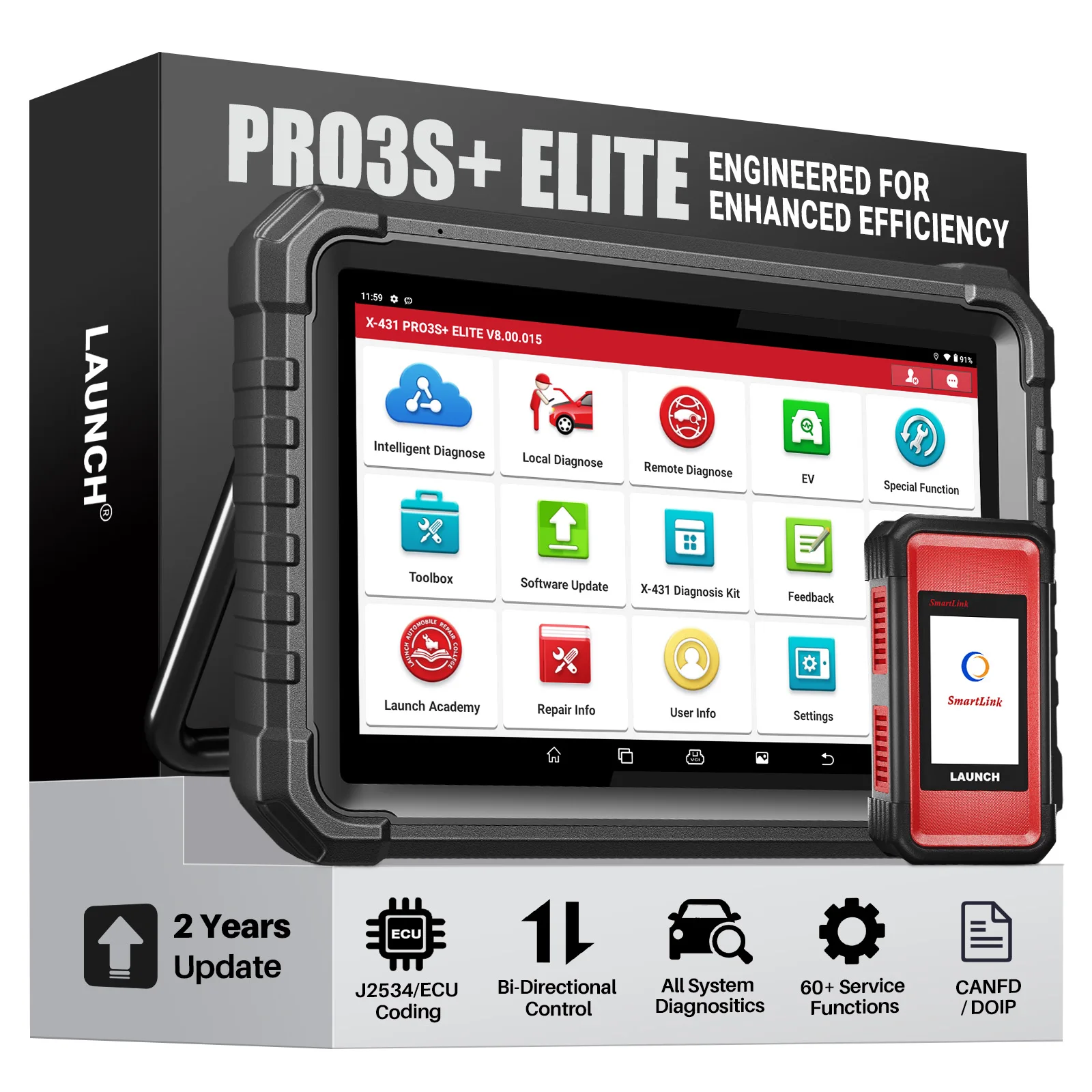 LAUNCH X431 PRO3S + Elite Outil de diagnostic bidirectionnel avec J2534, diagnostic pour camions poids lourds, carte de topologie OEM, plus de 50 services, codage en ligne