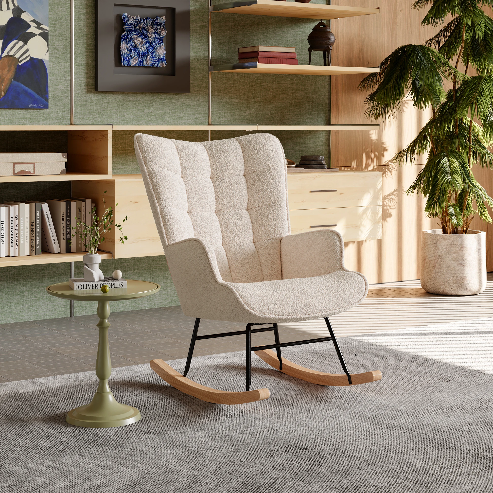 Fauteuil à bascule Anajqaqia, fauteuil relaxant, fauteuil à ailes avec structure en métal et base en bois, fauteuil de salon, tissu en velours Teddy, beige