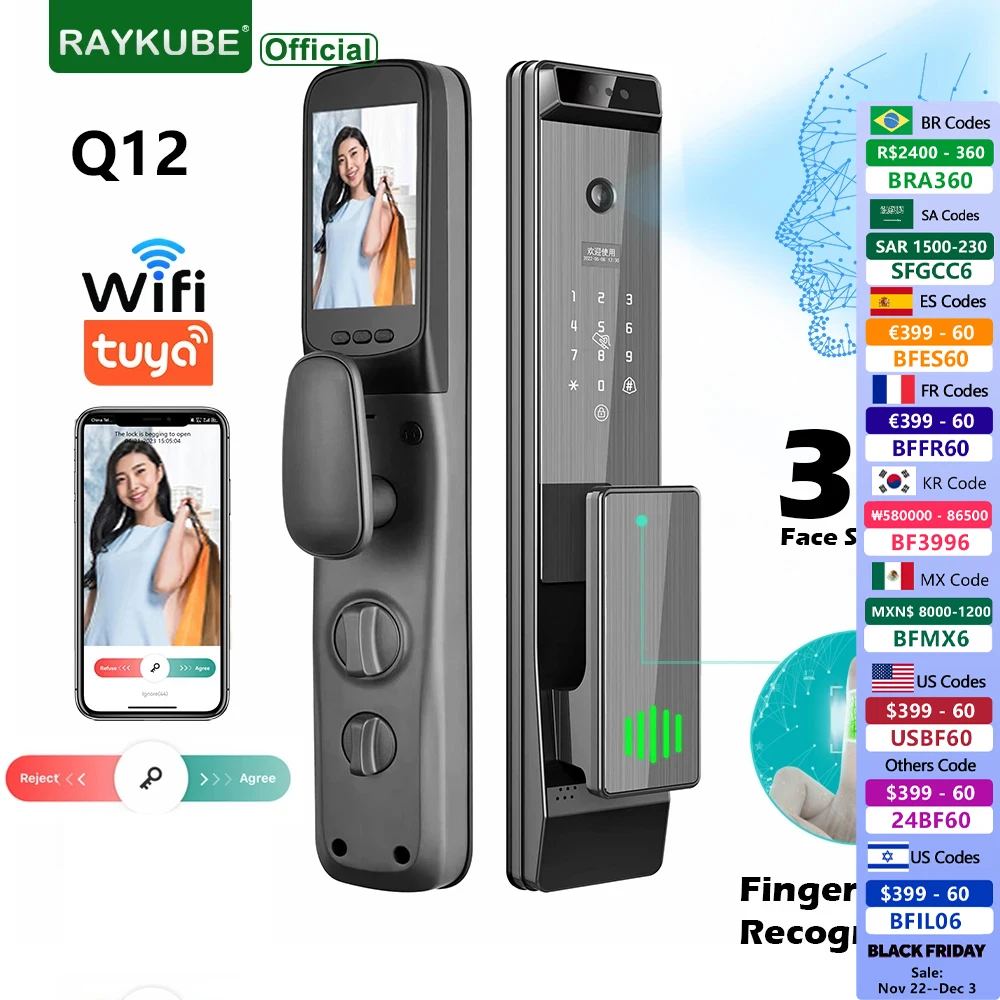 Q12 Tuya WiFi Finger Vein Recognition&3D Face Smart Door Lock with Built-in Peephole HD Screen Camera 24H Photo Capture