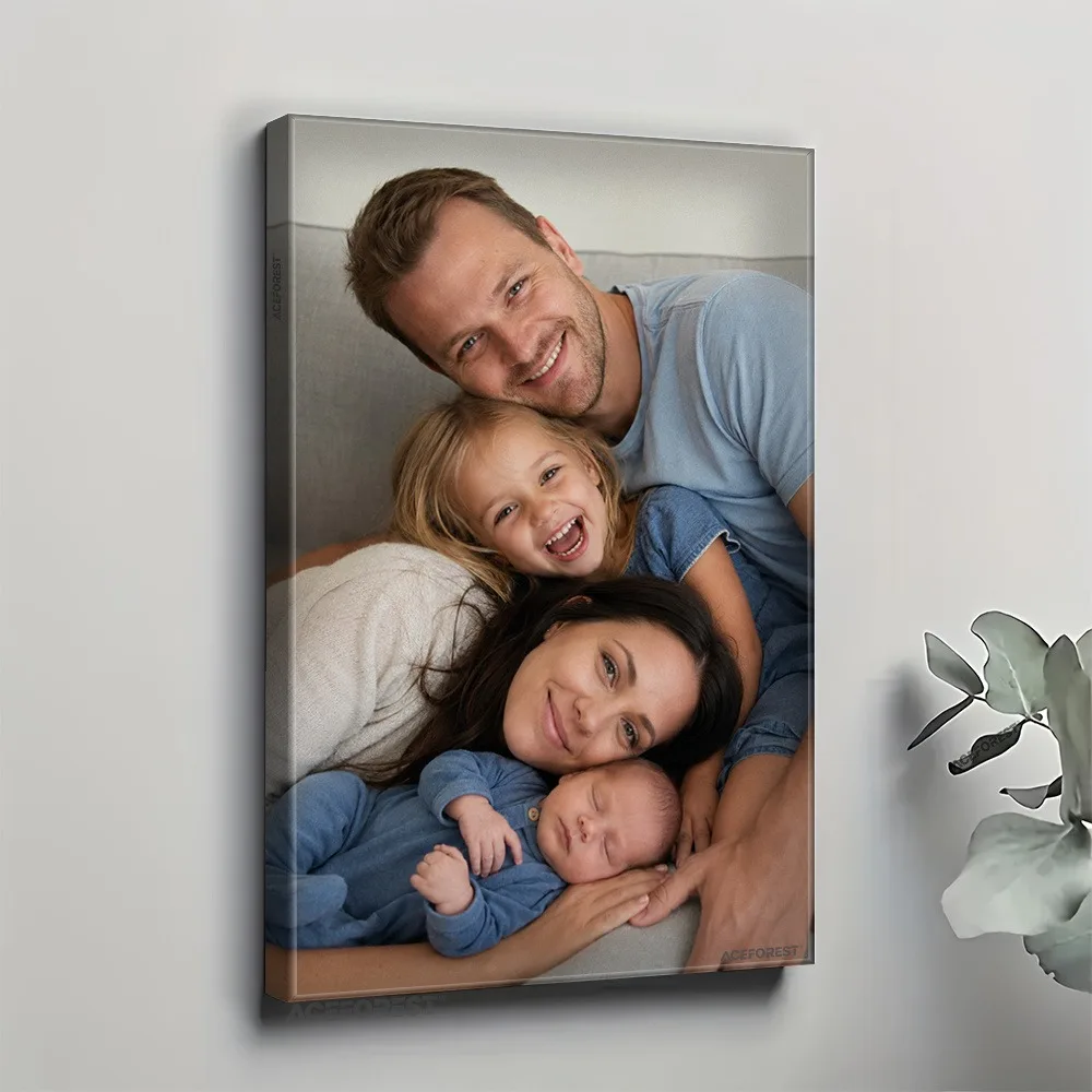 2D Personalized Photo Canvas Wall Art With Wooden Frame Custom Family Couple Portrait Glossy Print Home Interior Wall Hanging De