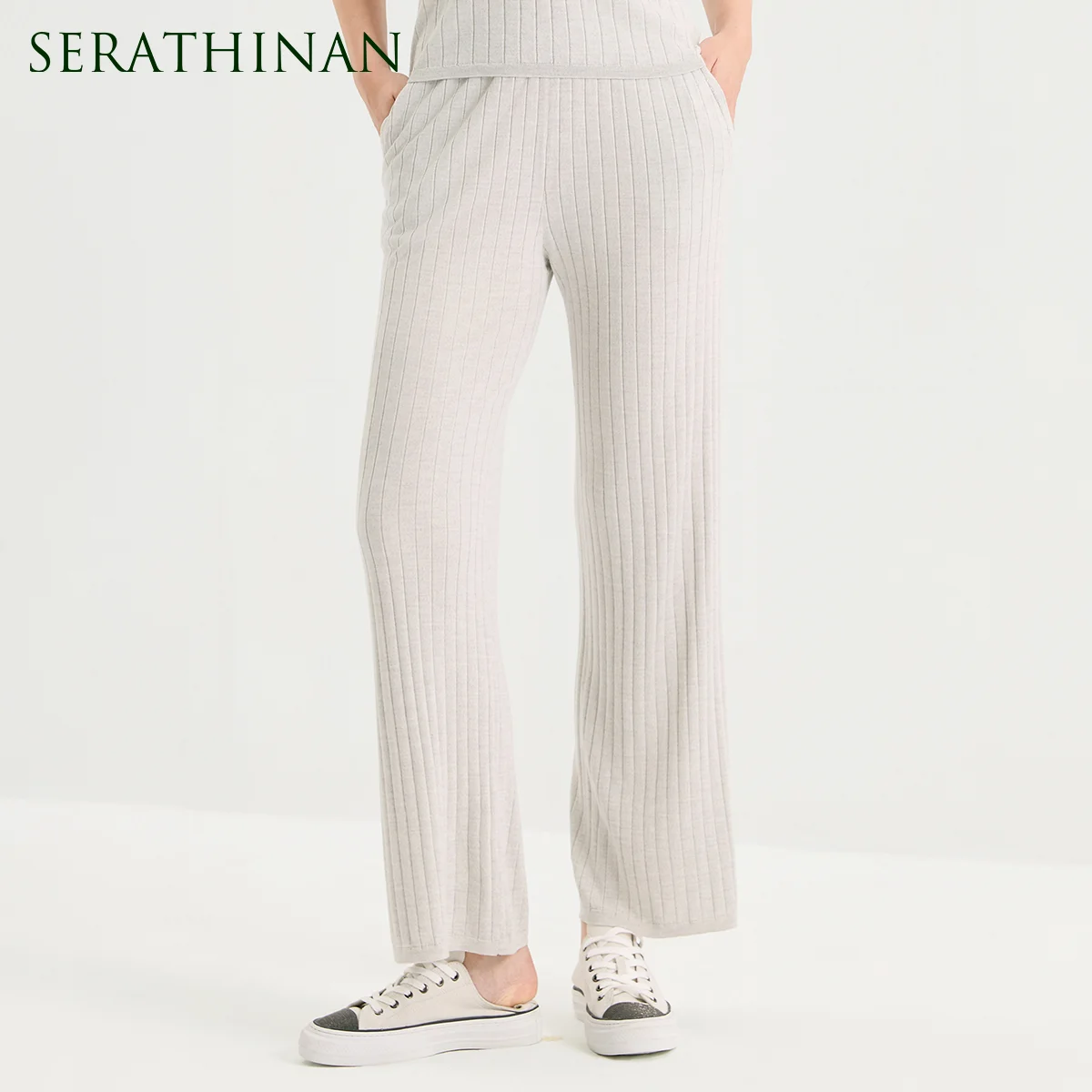 BD4611445 Elegant Silk Wool Knitted Trousers Women's Designer High Elastic Ribbed Knit Pants Soft Wide Leg Slim Pants