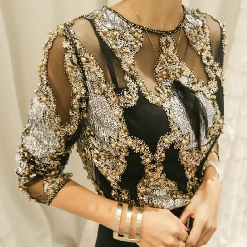 Luksusowe kobiety kryształowe cekiny haftowana bluzka koronki geometryczne ciężkie koraliki koszule sexy blusas camisa kluby topy z wycięciami 2019 — zdjęcie 2