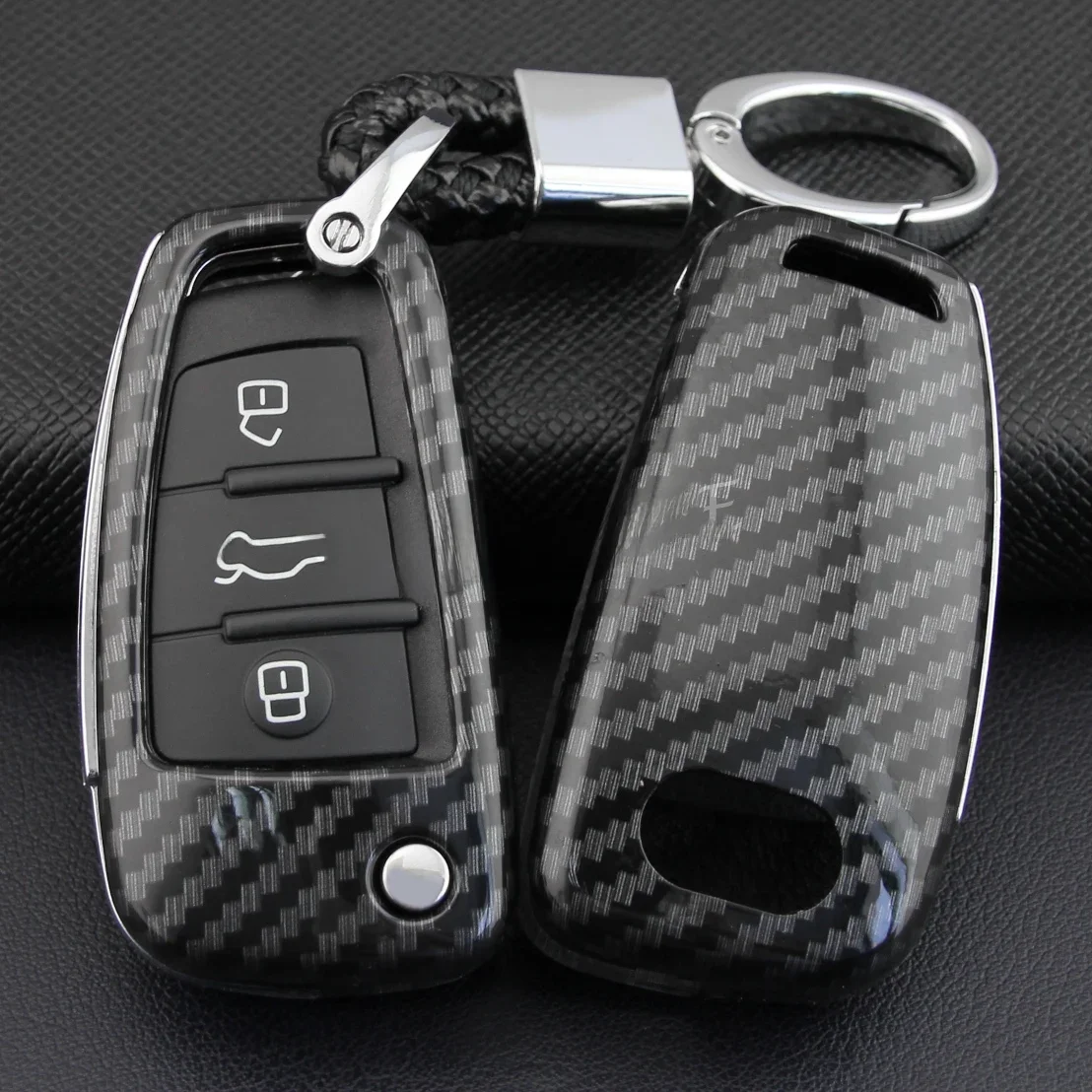 For Audi A1 A3 S3 Q3 Q7 TT Carbon Fiber Car Flip Key Fob Holder Keychain Case Protect Cover Accessories