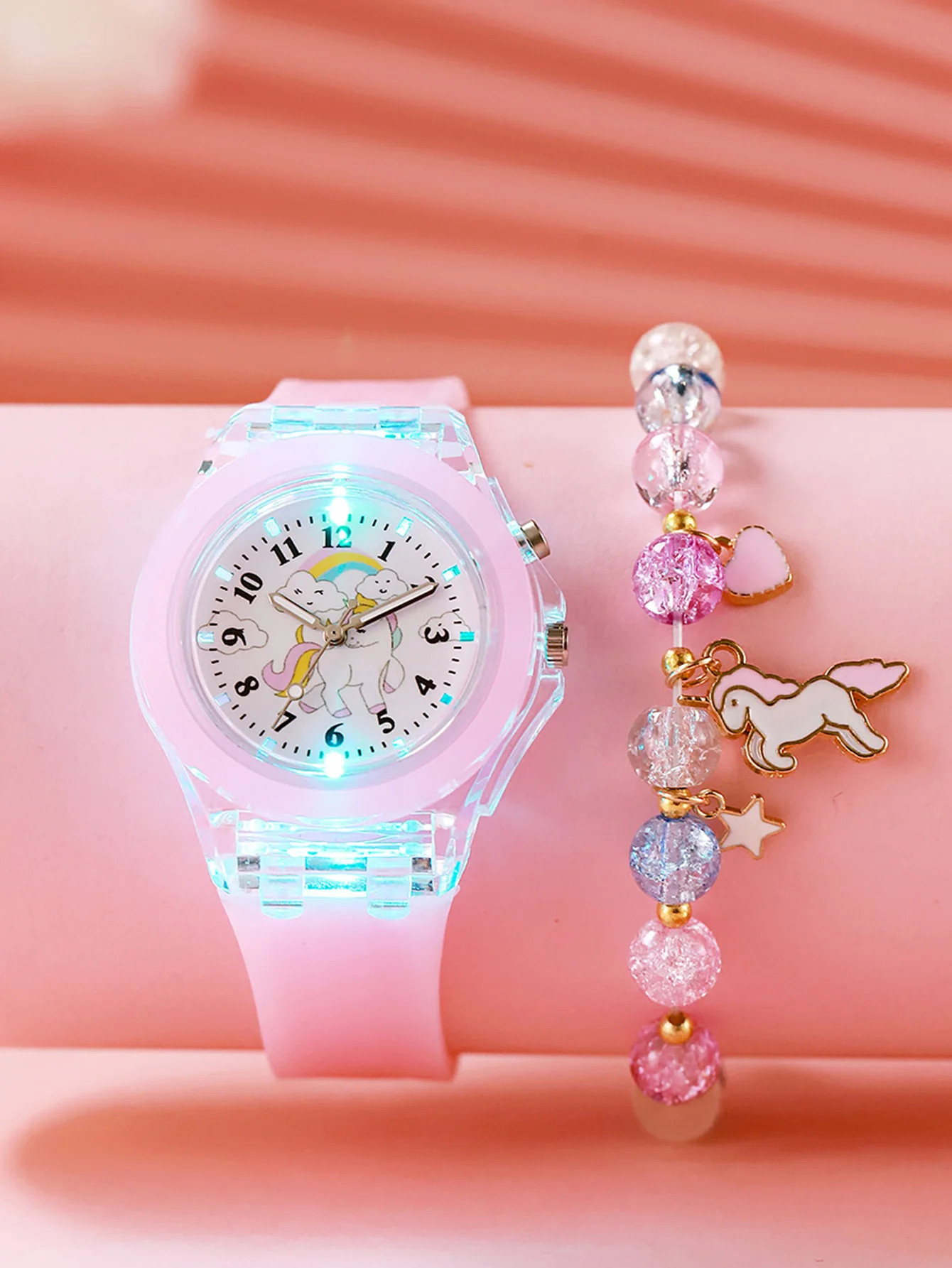 Fashionable Cute Children's Glowing Quartz Watch with Horse Pendant Bracelet Unicorn Design Gift