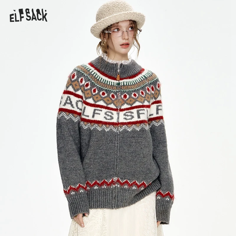 ELFSACK 2024 Winter New Arrivals Fair Isle knitting cardigan jacket for women retro loose gray sweater