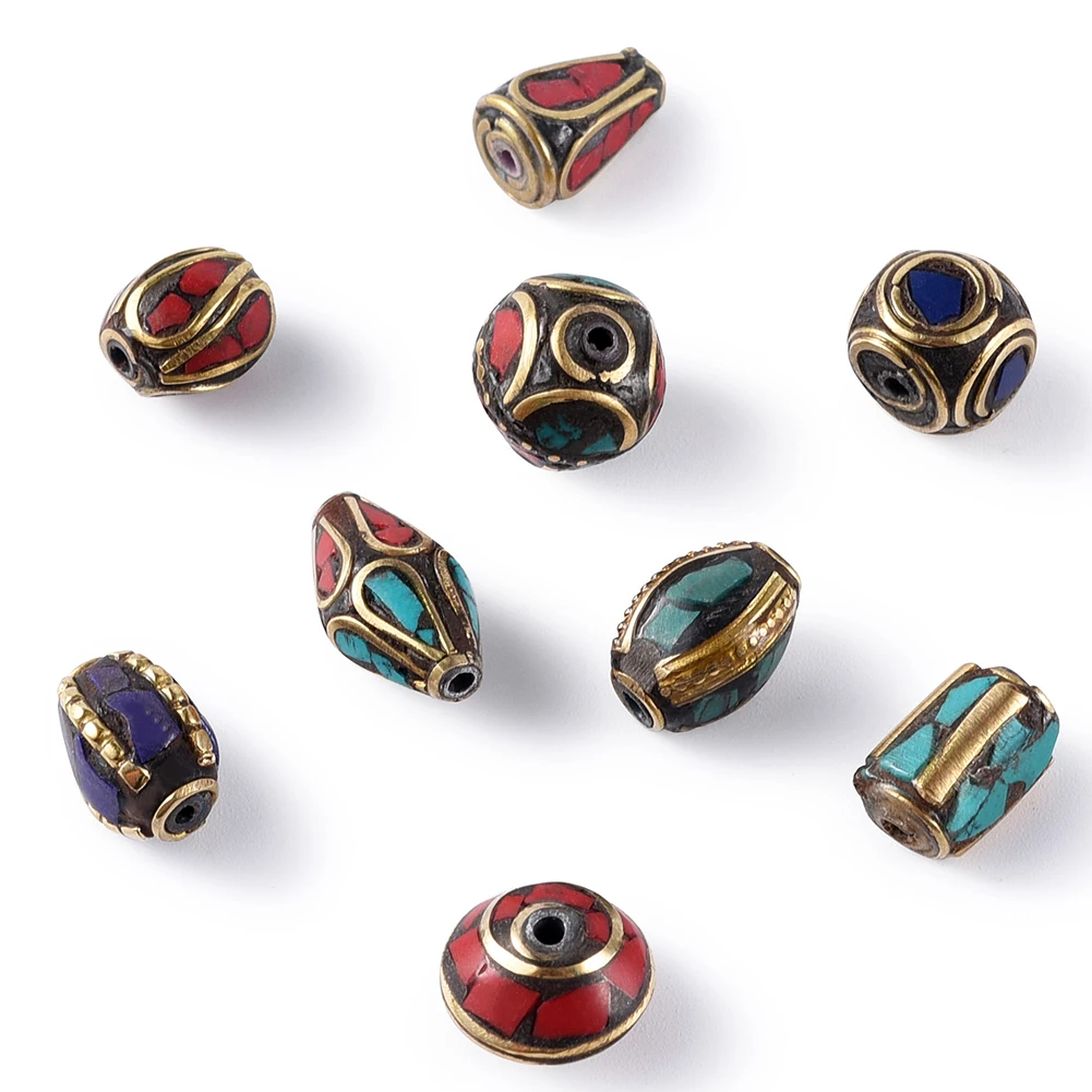 50Pcs Handmade Retro Nepal Brass Loose Beads Synthetic Coral Turquoise Inlaid Beads For Bracelet Necklace DIY Jewelry Making