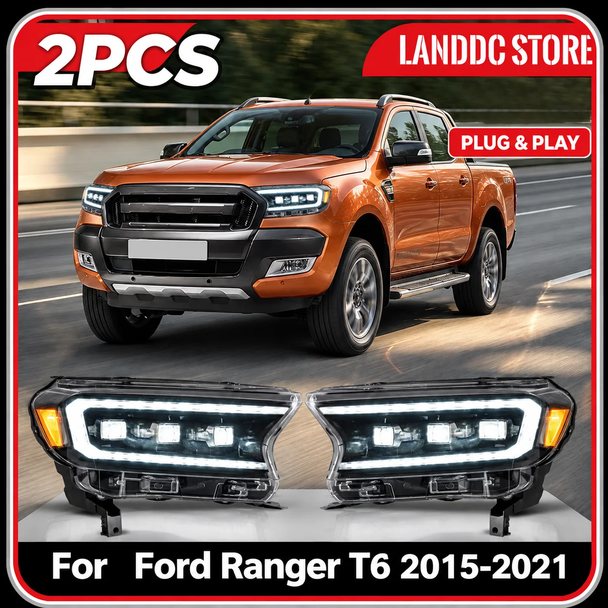 Paar verbesserte LED-Projektor-Scheinwerfer für Ford Ranger T6 2015-2021 Global Market Modell Frontscheinwerfer-Baugruppe