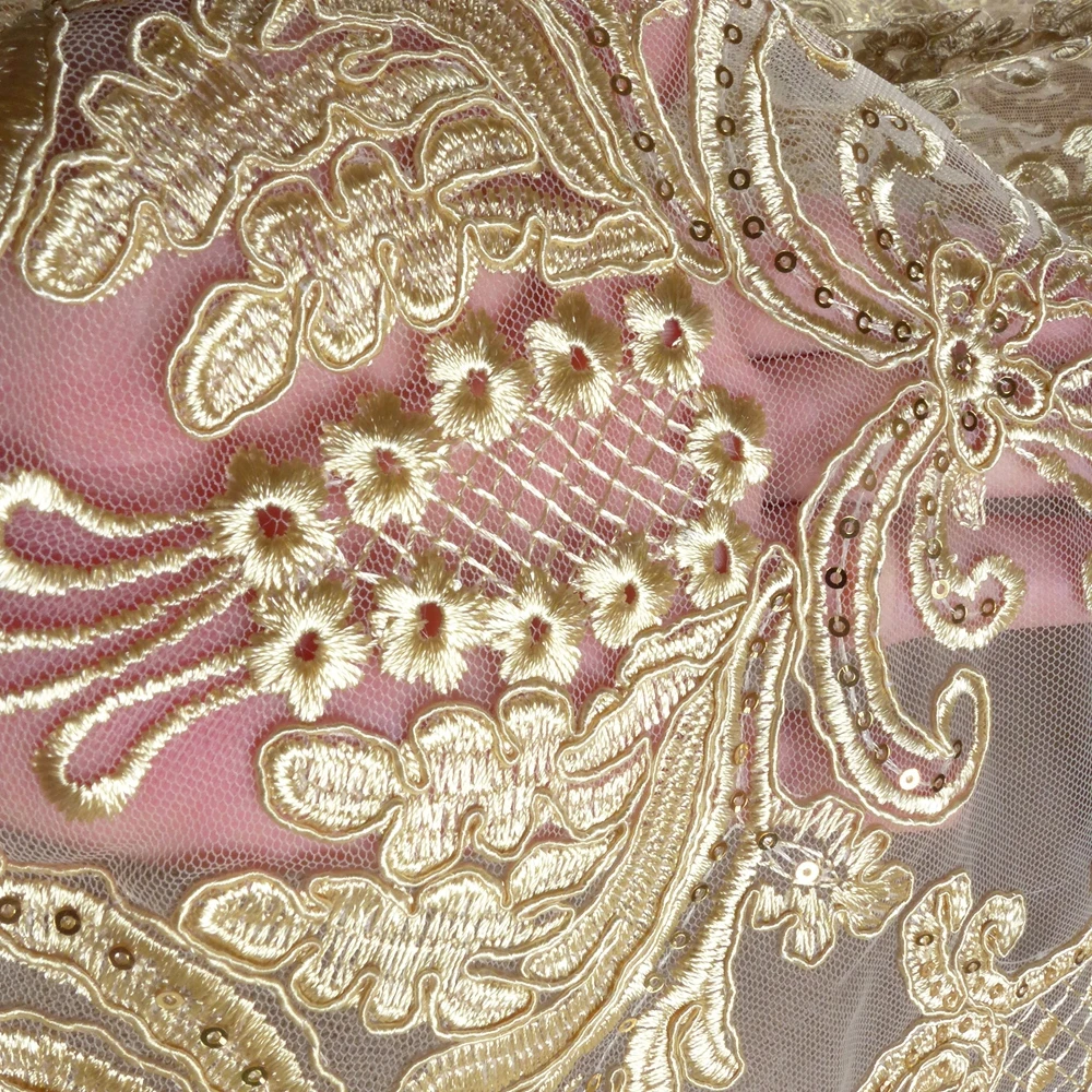 HelluyerDc Gold,ivory,black sequins carded lace fabric,big&small patterns embroidery for wedding prom dress fabric easy to cut