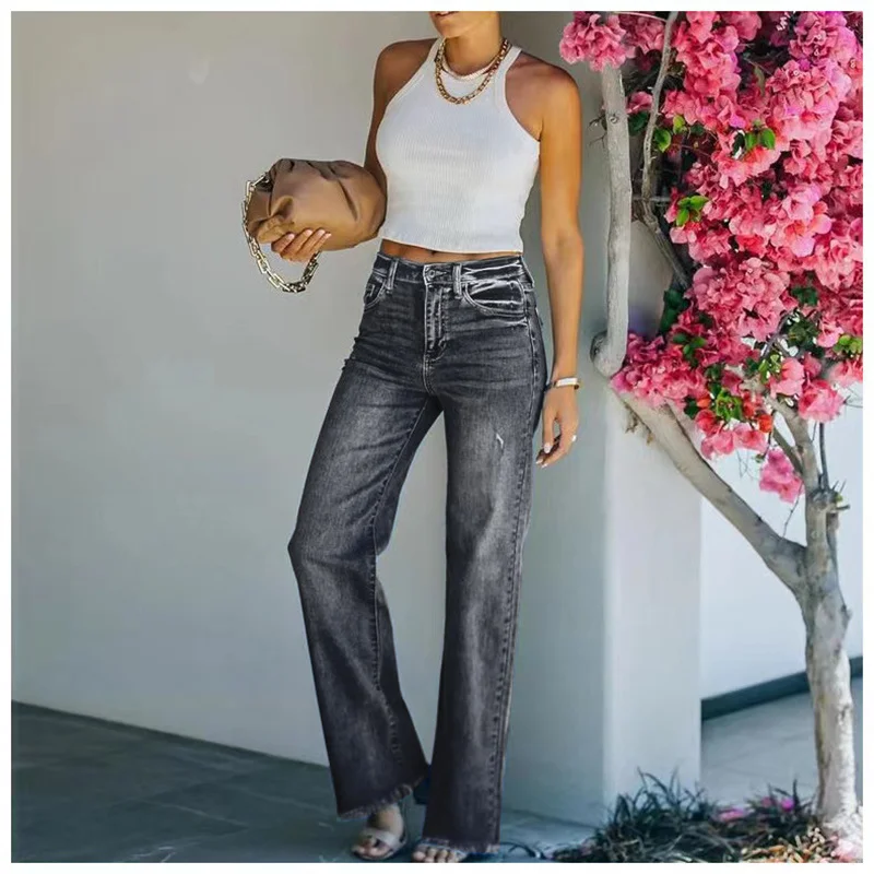 2023 Spring New Women\'s Mid Waist Loose Jeans Fashion Raw Edge Denim Straight Leg Pants Casual Female Trousers S-2XL