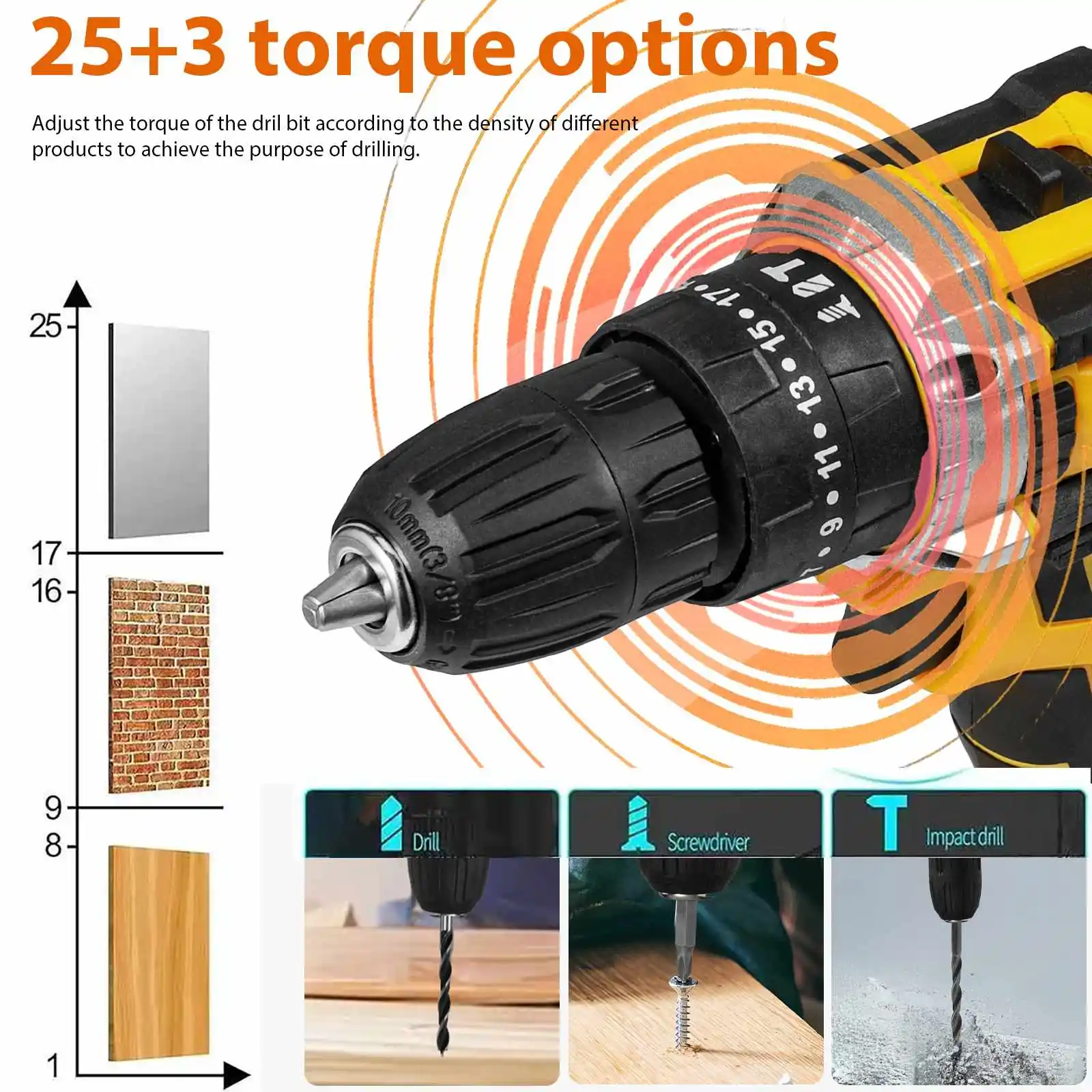 1800rpm Cordless Brushed Electric Hand Drill Pistol Impact Drill 3/8