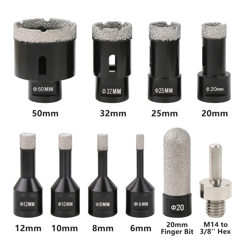 10Pcs/Set 6-50mm M14 Thread Vacuum Brazed Diamond Core Drill Bit Masonry Hole Saw Kit For Marble Tile Ceramic Granite Concrete