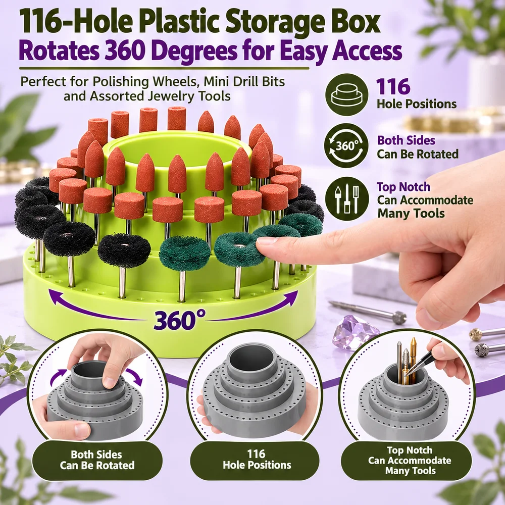 116-Hole Plastic Storage Box Rotates 360 Degrees for Easy Access to Polishing Wheels, Mini Drill Bits and Assorted Jewelry Tools