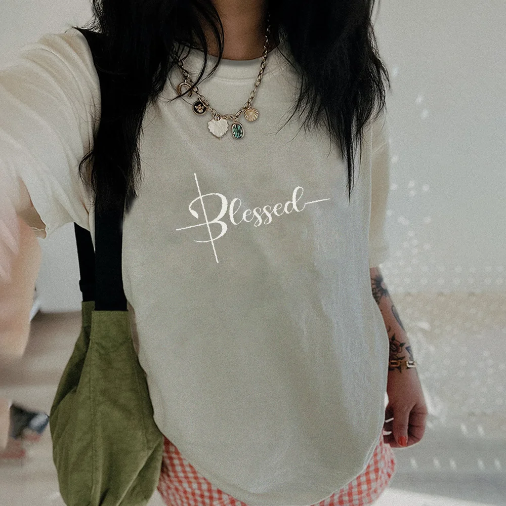 

T Shirt New Funny Hip Hop Y2k Clothes Tops Women Blessed Letter Printed Short Sleeve T-Shirts Casual Streetwear