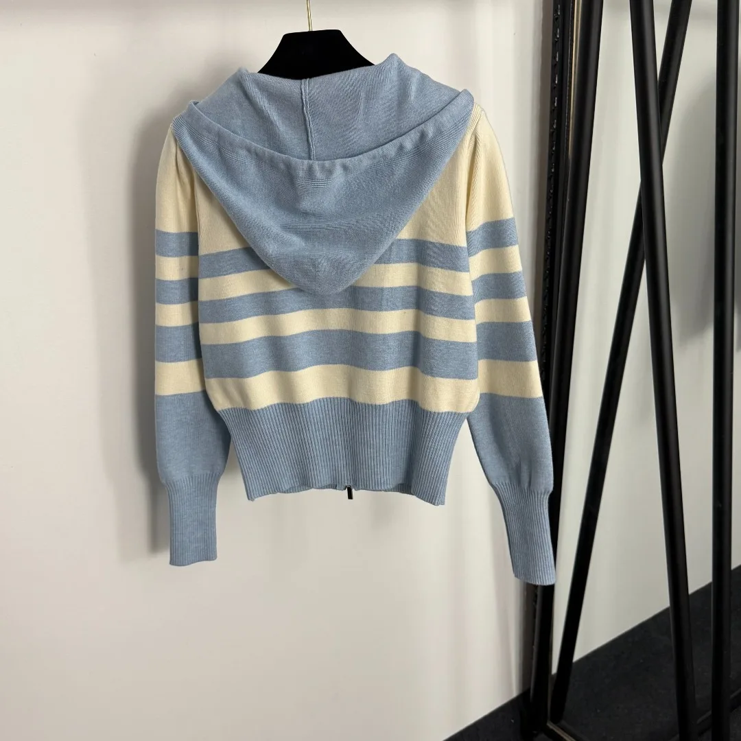 

25 autumn and winter new temperament casual versatile pullover sweater women's hooded zipper design striped long-sleeved top