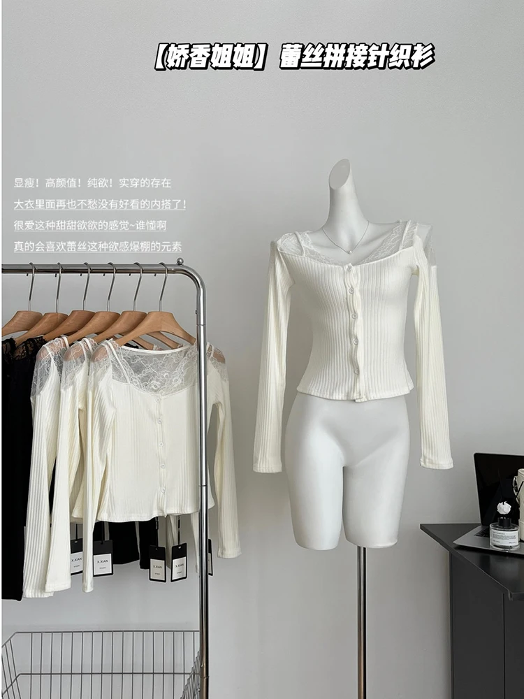 

Korean Fashion Chic Vintage Lace Design Sweater Women Autumn Winter Knitted V-Neck Cardigans Elegant Tops