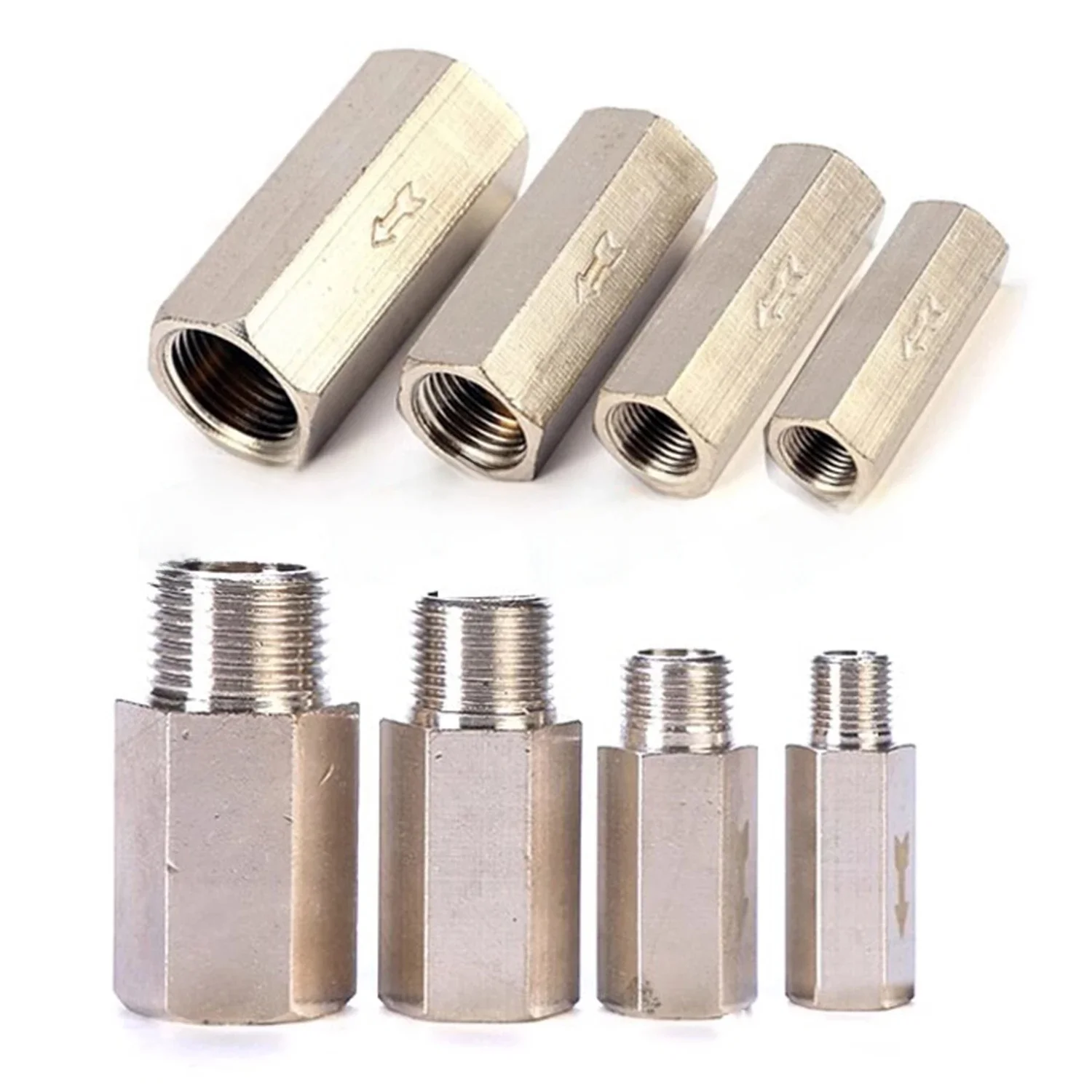 Vanne unidirectionnelle à gaz nickelée, filetage mâle femelle 1/8 "1/4" 3/8 "1/2", Valve d'air en laiton, clapet anti-retour pneumatique Hexagonal en cuivre