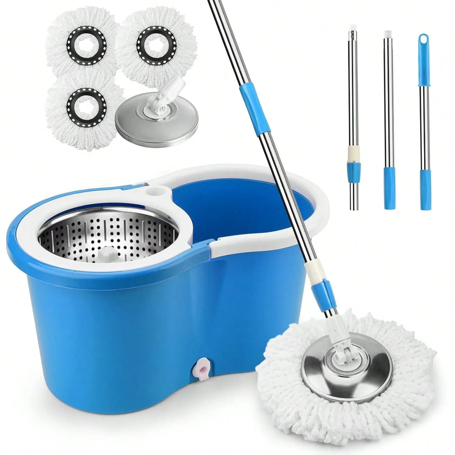 Juego de cubo para fregona giratoria con dispensador de jabón 360 ° Limpiador de pisos giratorio con 2 cabezales de microfibra de 61" con mango ajustable de acero inoxidable 20QT