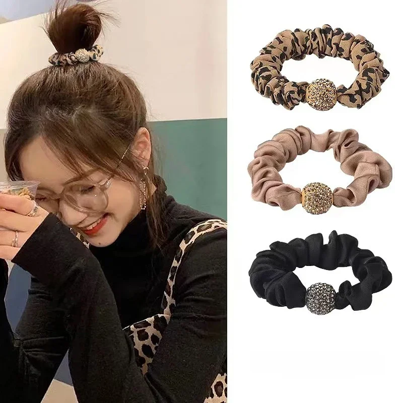 Koreański nowy 2023 Rhinestone koralik elastyczne opaski do włosów Leopard kawa czarna gumka do włosów gumki do włosów damskie nakrycia głowy akcesoria do włosów — zdjęcie 2