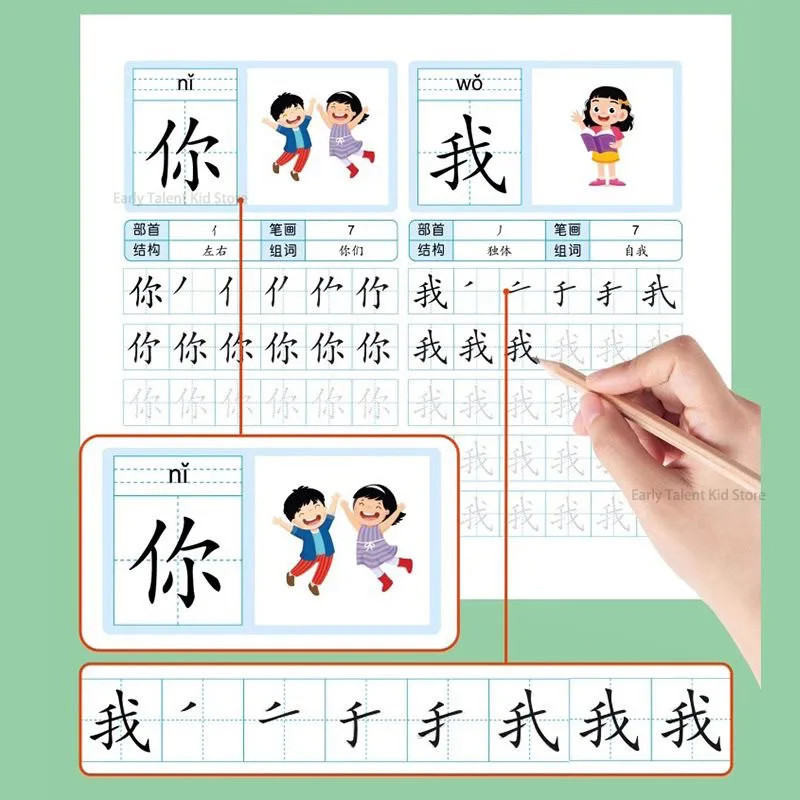 Preschool 600 words dot matrix pen control training calligraphy book for children\'s literacy student character drawing red books