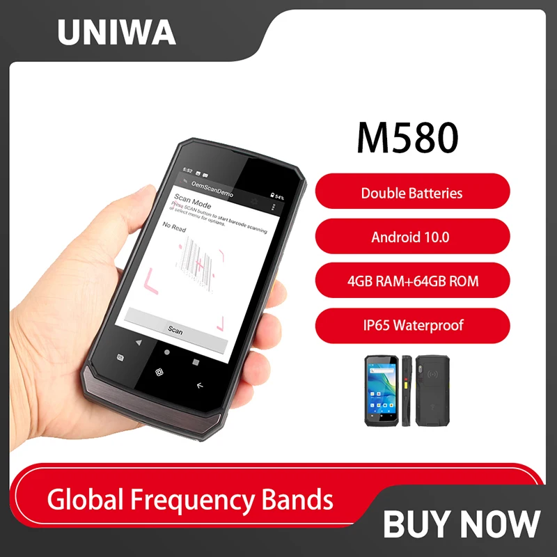 UNIWA M580 Rugged Smartphone IP65 Double Batteries 4GB RAM+64GB ROM 8MP Android 10.0 Barcode 2D Scanner Rugged Handheld PDA NFC