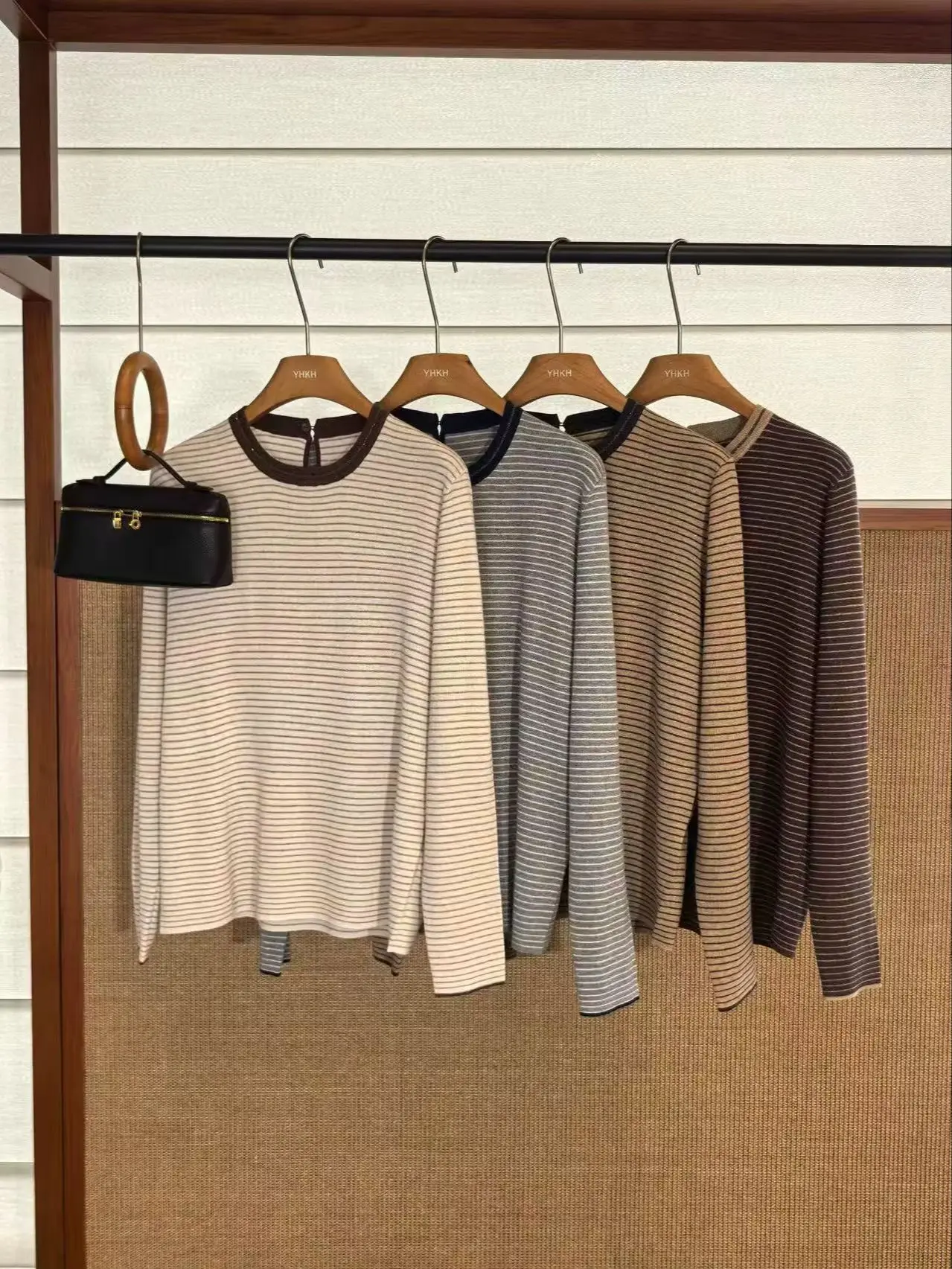 Luxury 100% Wool Simple Striped Knit Top and Elastic Waist Wide Leg Pants Set