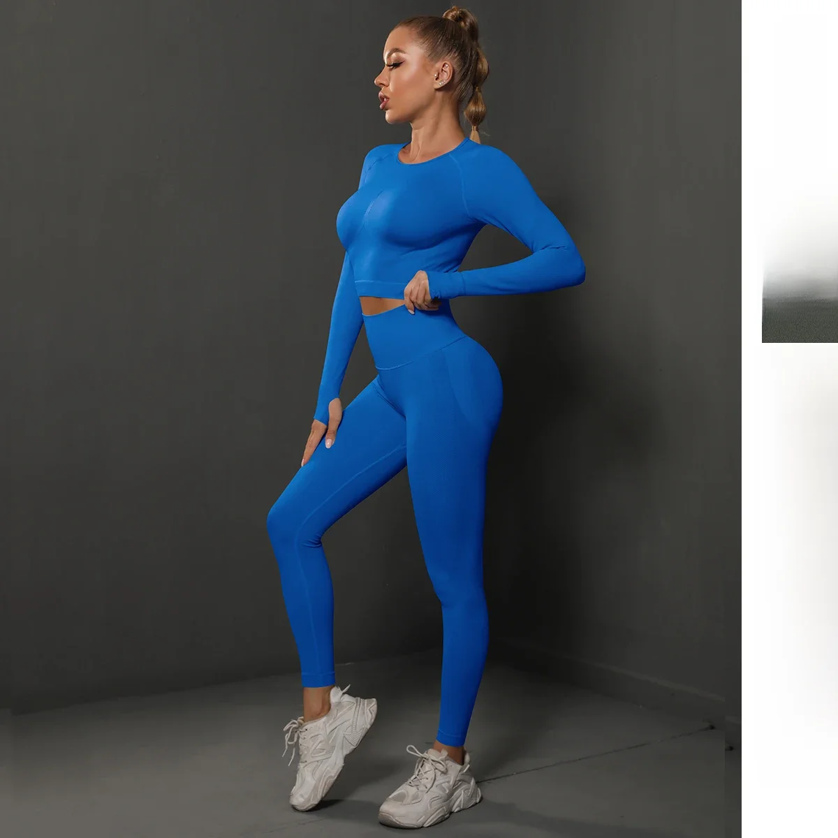 2Pcs Zestawy damskie Energy Bezszwowe stroje gimnastyczne Bubble Butt Spodnie sportowe + Koszulki z długim rękawem Zestawy do biegania Push Up Dresy Zestaw rajstop — zdjęcie 2