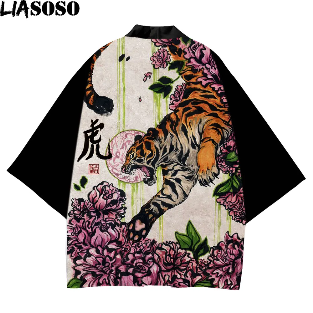 LIASOSO Chinese Style Yukata Femme Japanese Ukiyo-e Tiger Cardigan Women Haori Three Quarter Asian Dress Cosplay Kimono Jacket